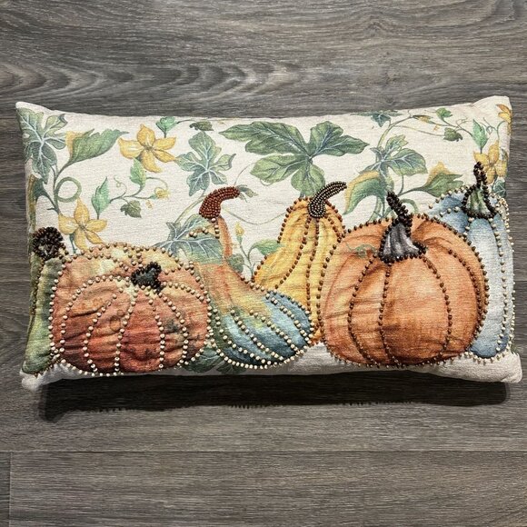 Autumn Pumpkin Print Beaded Decorative Rectangular Throw Pillow 20x12 Fall Decor - Picture 1 of 11